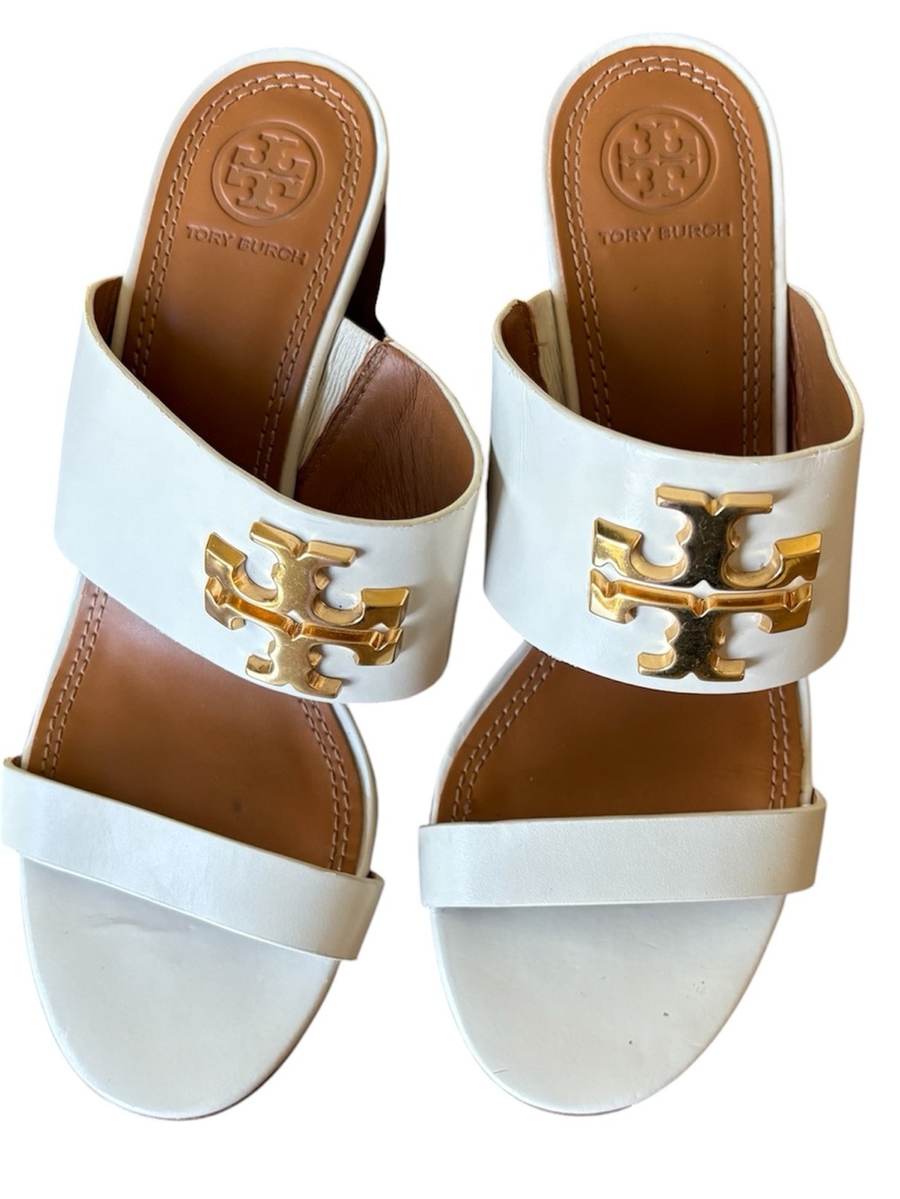 Tory Burch Ivory/Cream and Gold Everly Wedge Sandals Size 6.5
